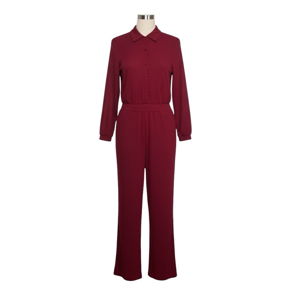 Women's Long Sleeve Button-Front Jumpsuit in Red